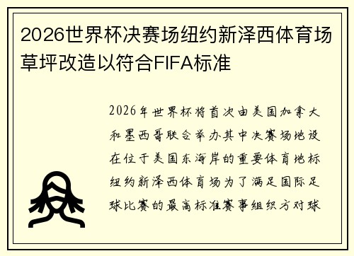 2026世界杯决赛场纽约新泽西体育场草坪改造以符合FIFA标准 2026世界杯决赛场纽约新泽西体育场草坪改造以符合FIFA标准